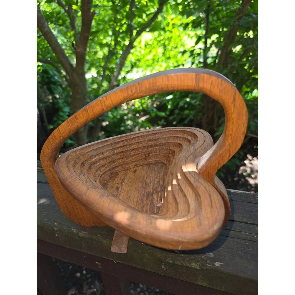 Vintage Collapsible‎ Wooden Heart Basket Fold Out Trivet Bowl Boho Decor